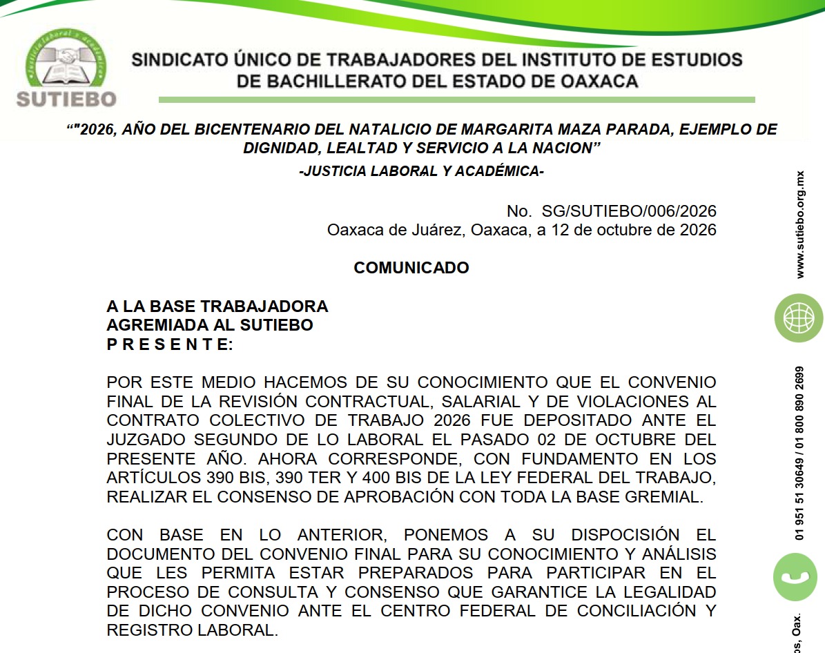 COMUNICADO A LA BASE TRABAJADORA DEL CONVENIO FINAL 2026